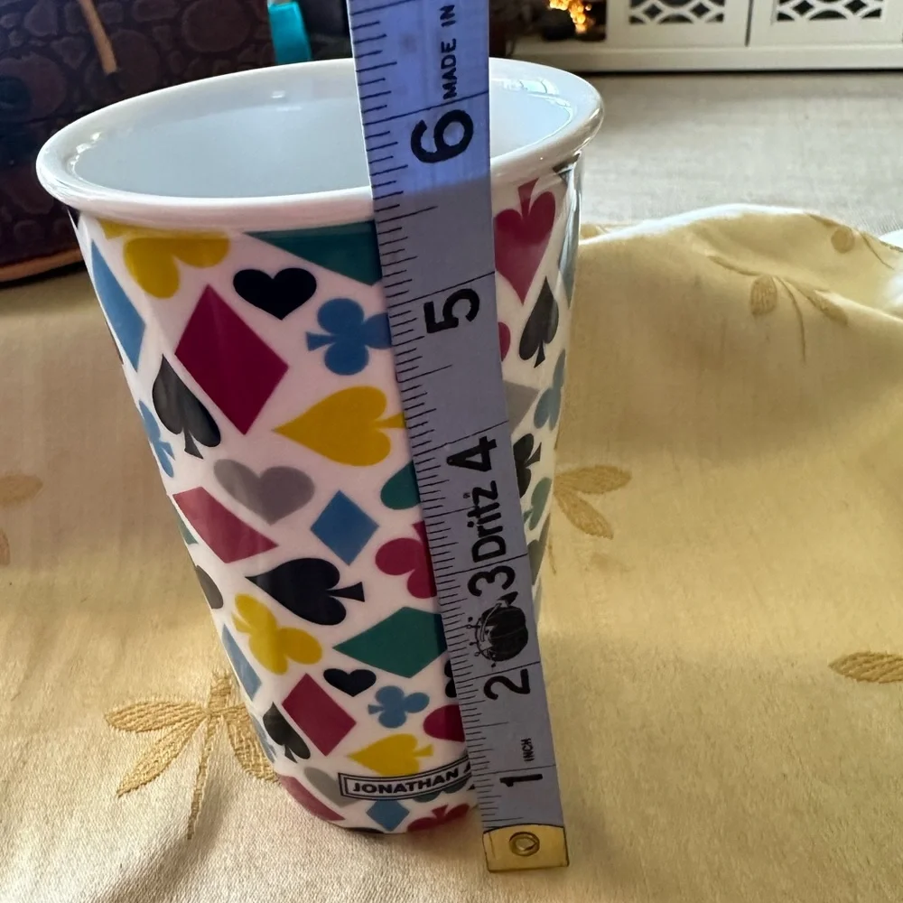 Jonathan Adler “ Card Suits “ Ceramic Travel Coffee Mug / Cup / Tumbler.
